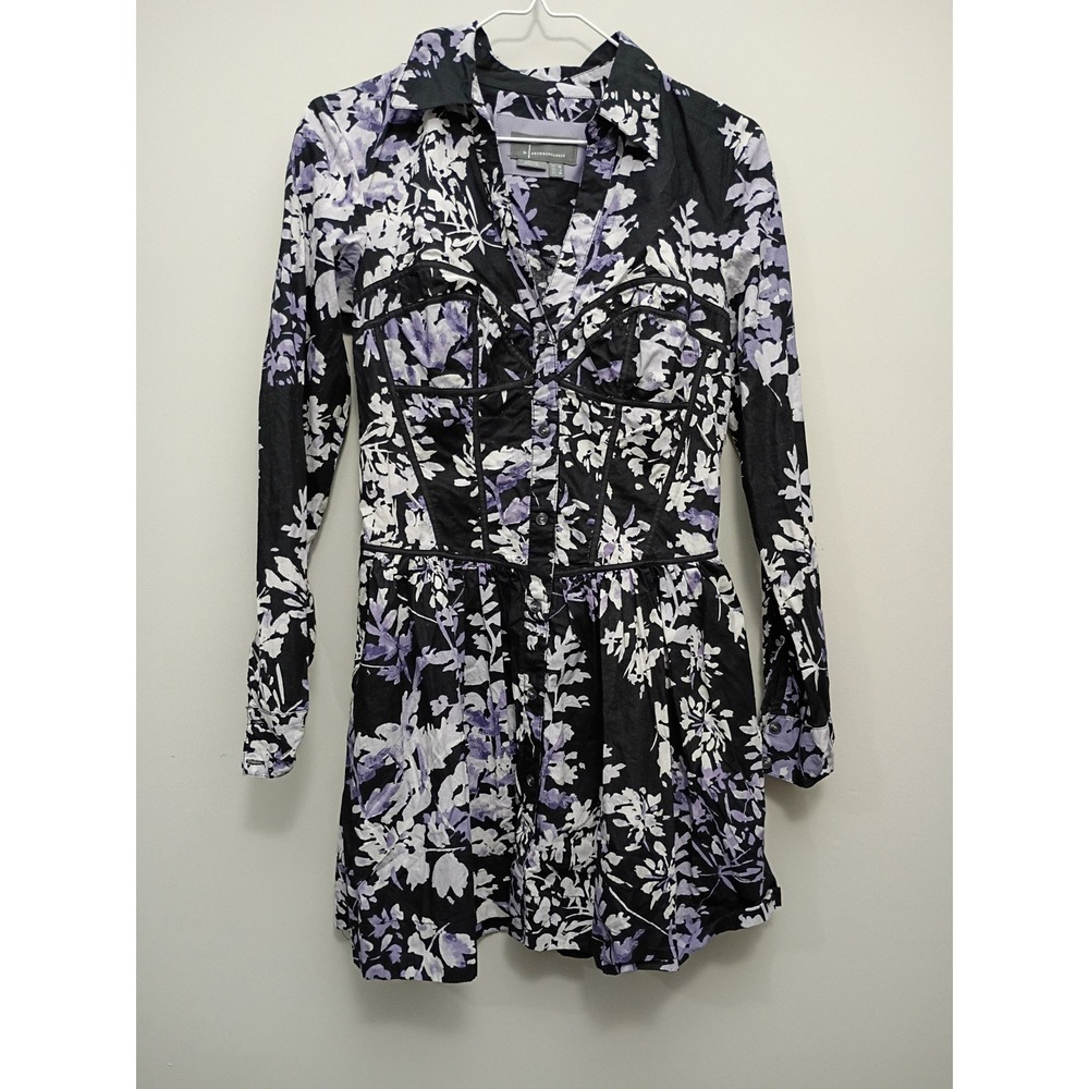 Anthropologie Floral Corset Mini Dress Purple Black Cotton Long Sleeve Size 6
